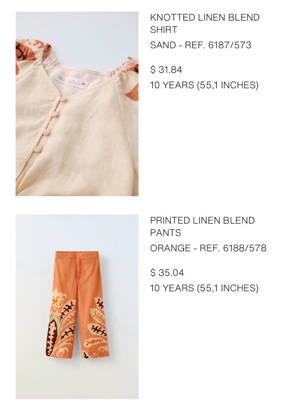 Zara girls Knotted Linen Blend Shirt & Printed Linen Blend Pants - Sand & Orange